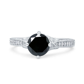 Art Deco Wedding Bridal Ring Round Simulated Black CZ 925 Sterling Silver